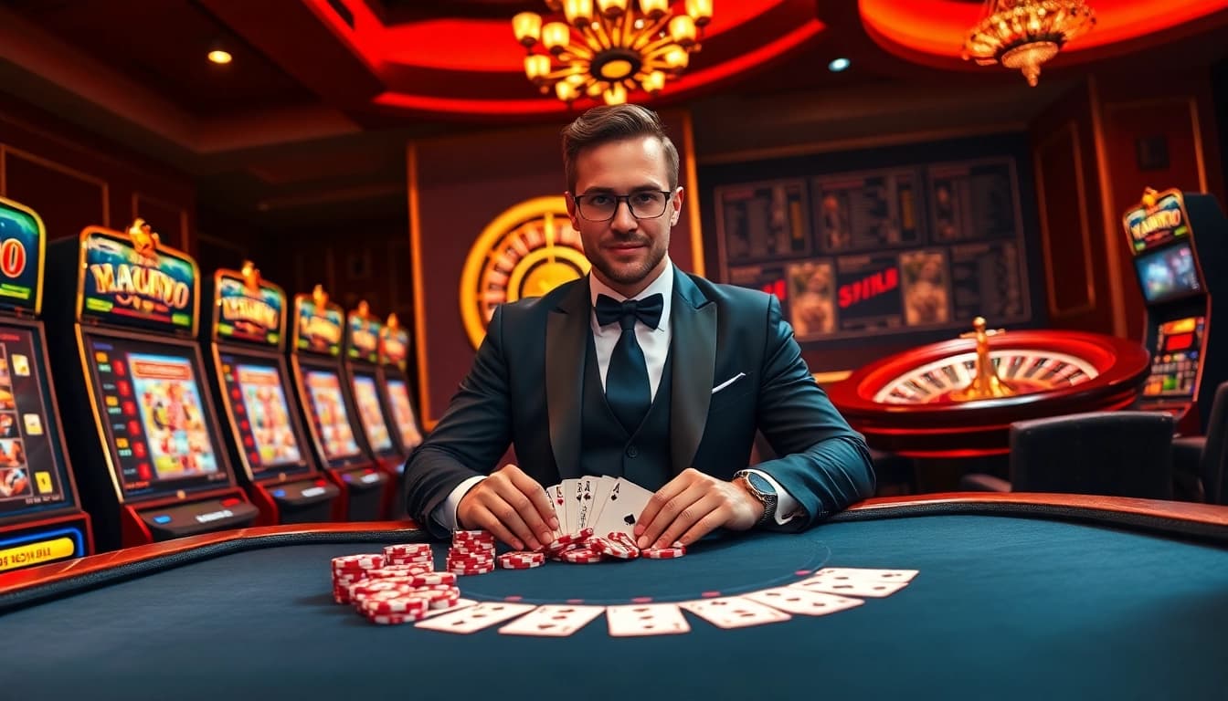 Vivez l'excitation du casino en ligne avec un croupier dynamique, des jetons de poker et des machines à sous lumineuses.