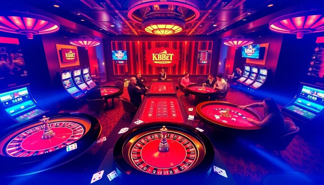 KBBET game bài thrilling experience at an upscale online casino with vibrant game tables and excitement.