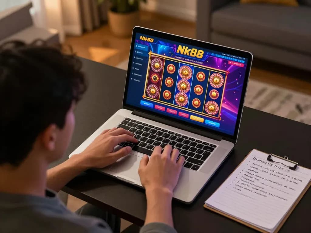 Nk88 gamer actively engaging in online casino strategy at a modern home setup, showcasing vibrant gaming interface.