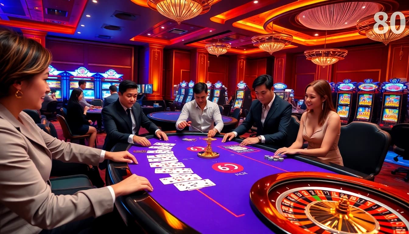 High-stakes poker game at EE 88 casino with vibrant action and professional dealers.
