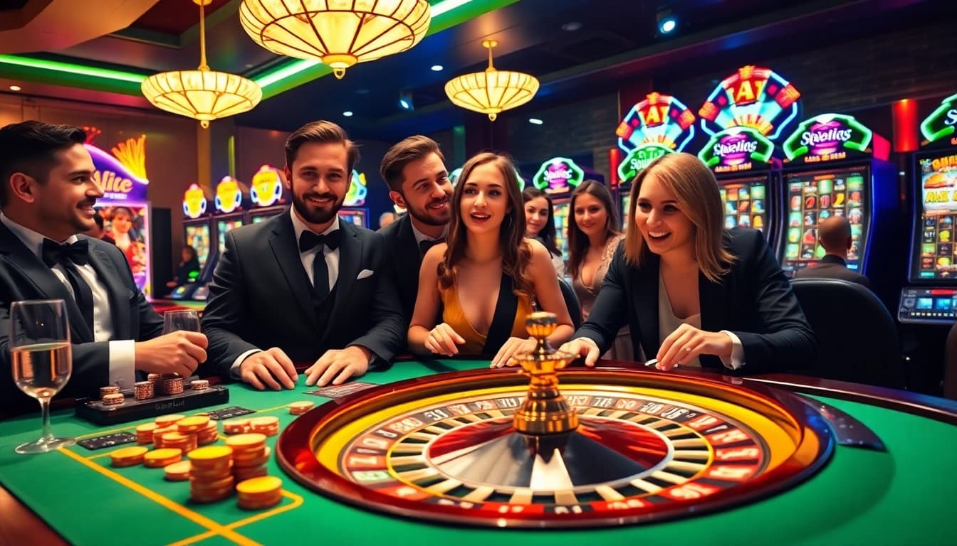 Homepage showcasing a thrilling casino environment with poker players, roulette wheel, and vibrant slot machines.