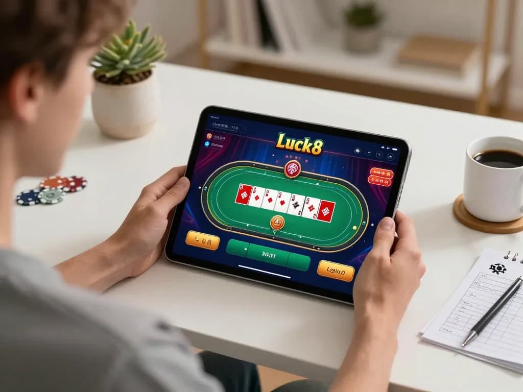 Experience luck8 gameplay on a tablet with immersive poker visuals in a cozy setting