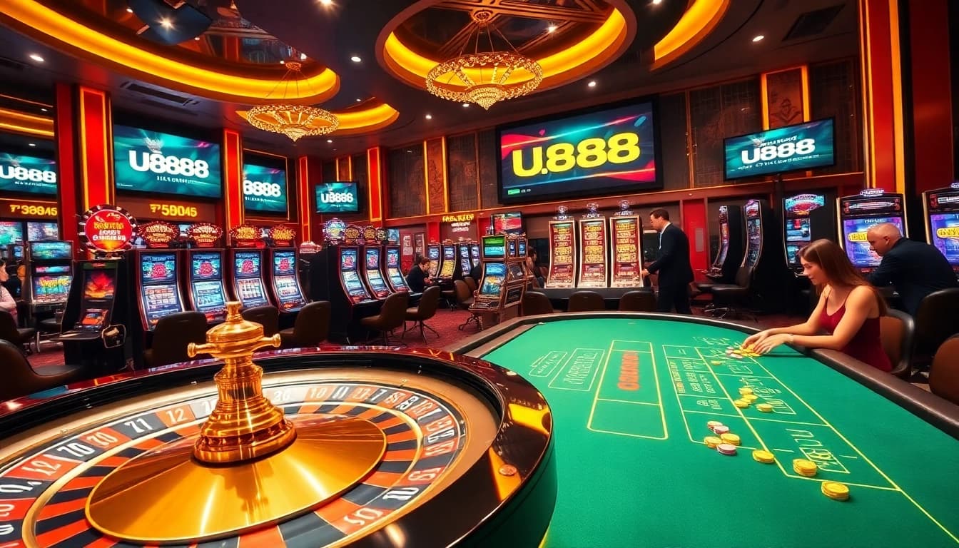 Exciting gambling scene showcasing U888 roulette and poker tables with vibrant colors and dynamic players.