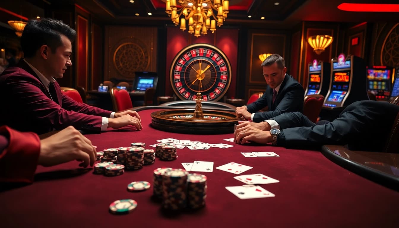 Engaged gamblers enjoying an exciting poker game at https://www.kjc.global/ with luxury casino elements.