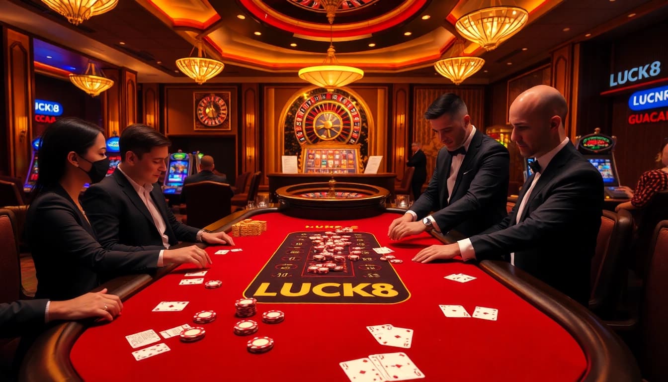 Lucky players enjoying high-stakes blackjack at a LUCK8 casino table with vibrant poker chips.