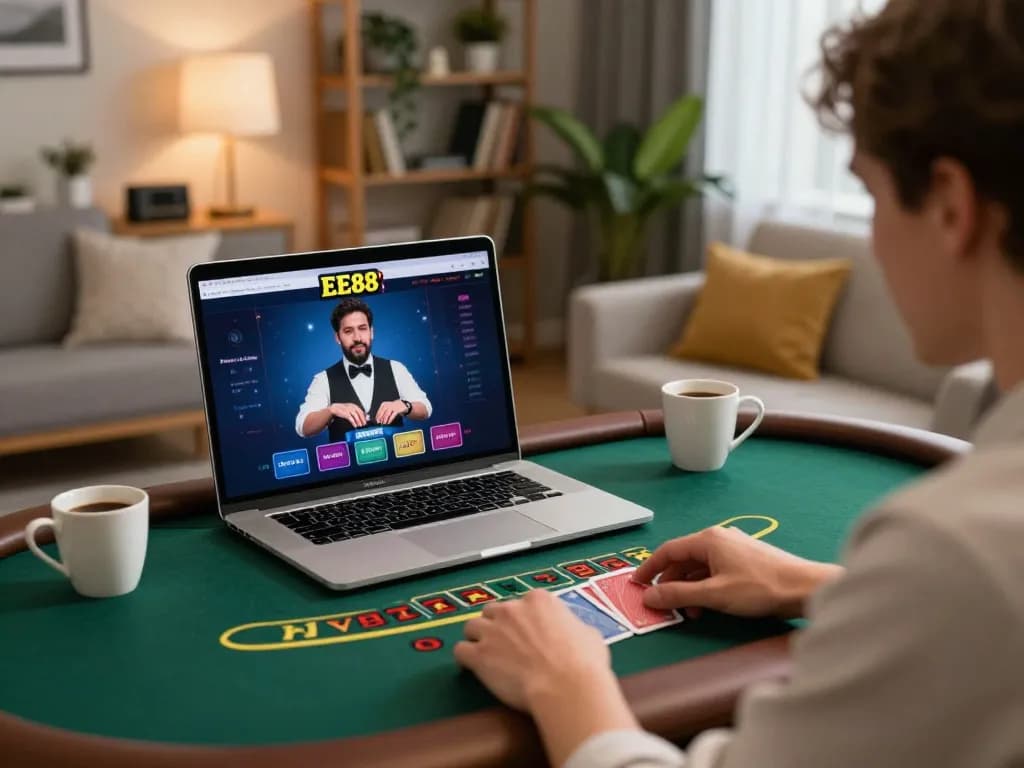 Player engaging with EE88's live dealer blackjack on a laptop, capturing dynamic online gambling action