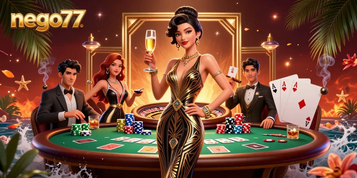 Engage with nego77's exclusive casino scene featuring poker elements and glamorous aesthetics.