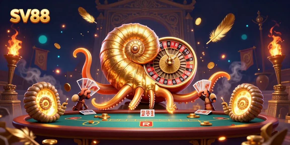 Experience the thrilling games at SV88, featuring a 3D nautilus roulette wheel with dynamic cards and glowing elements in a vibrant casino environment.
