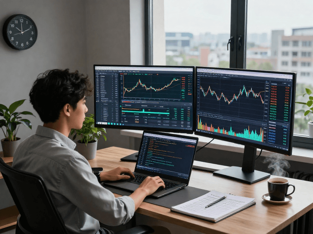 MetaTrader 5 trader analyzing charts and strategies in a modern home office