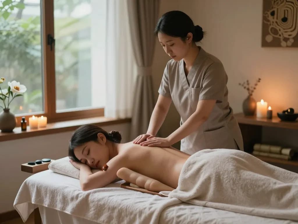 편안한 장식과 자연광이 비치는 평화로운 스파 환경에서의 인계동마사지 치료