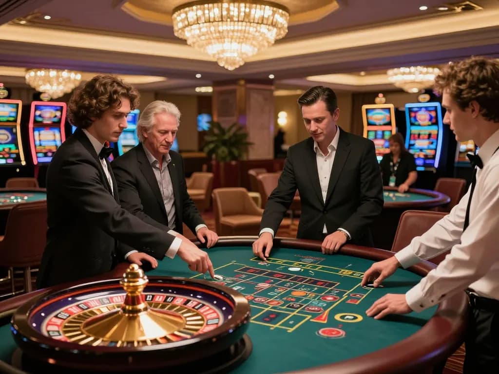 Thabet roulette excitement as players place bets in an upscale casino environment.