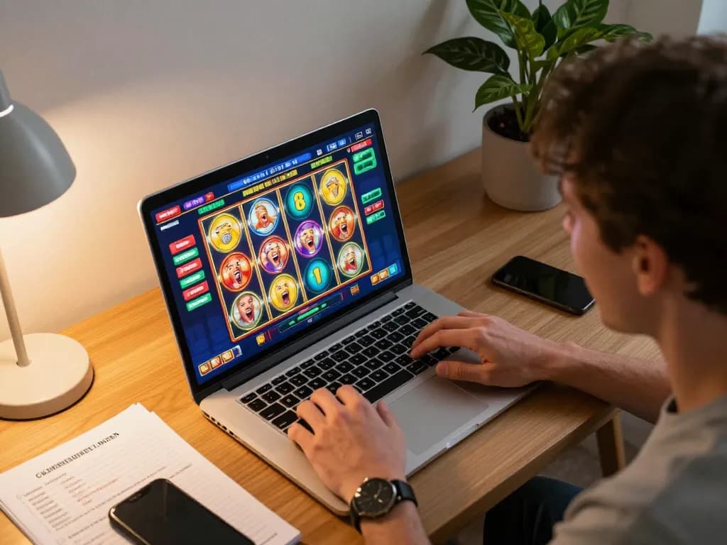 Engaging in slots gameplay on laptop at home, showcasing excitement and strategy in a cozy setting.