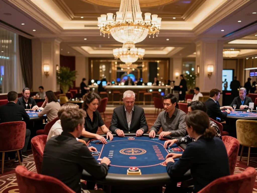 Experience high-stakes gameplay at https://www.mnm88.com/ with players placing bets at elegant casino tables.