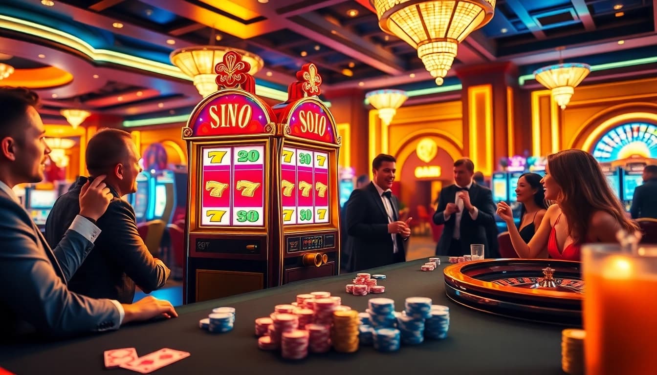 Excited players engaging with a vibrant pragmatic slot machine in a luxury casino setting.