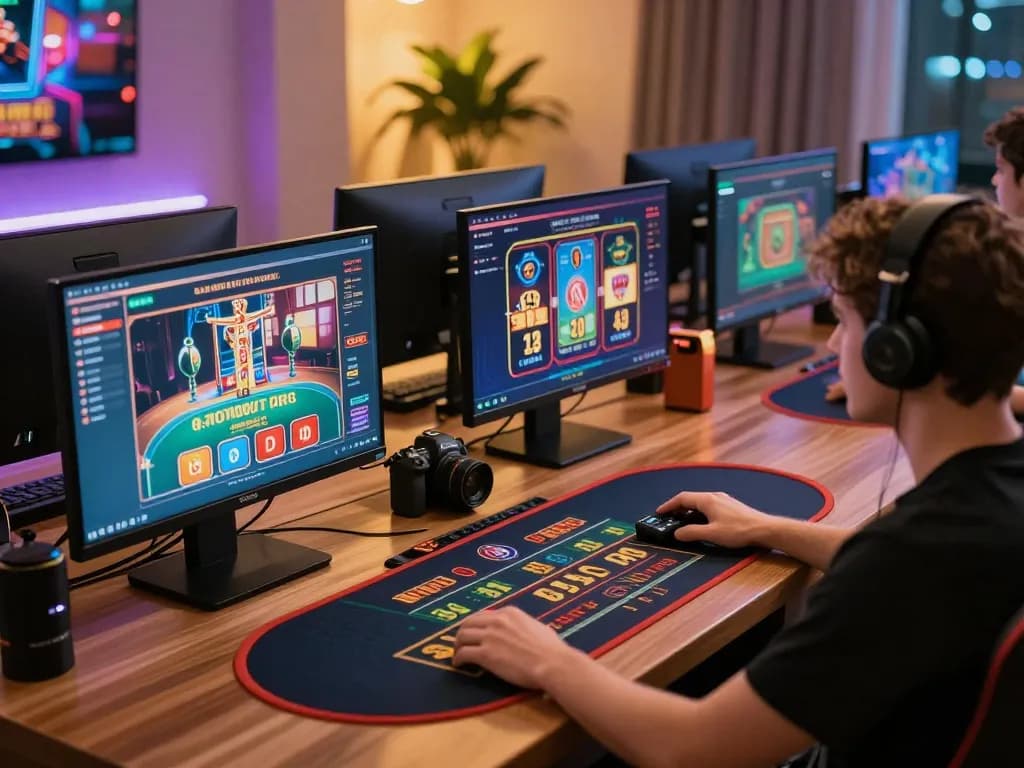 Engaging in online gaming at https://n188.build/ with multiple casino games displayed on screens, a cozy setup that promotes strategic play