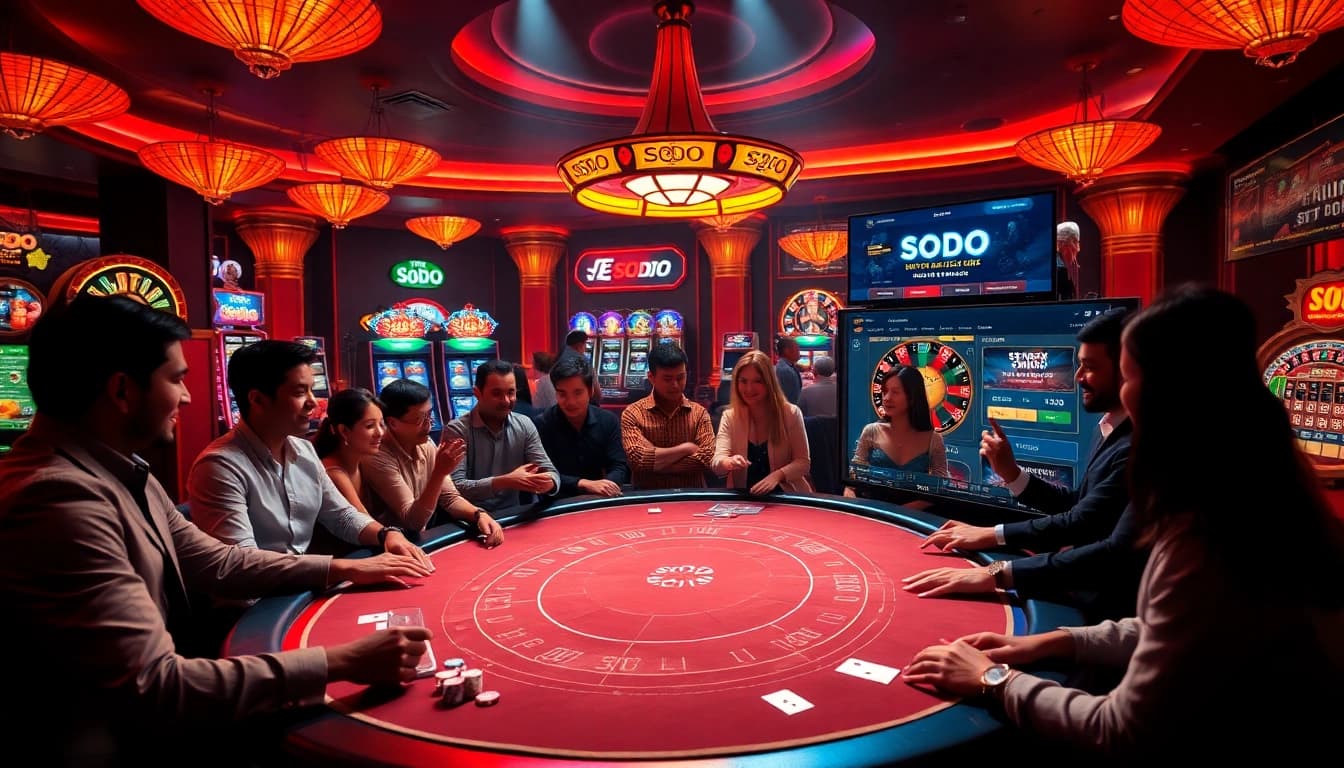 SODO casino scene featuring excited players around a gaming table with poker chips and cards.