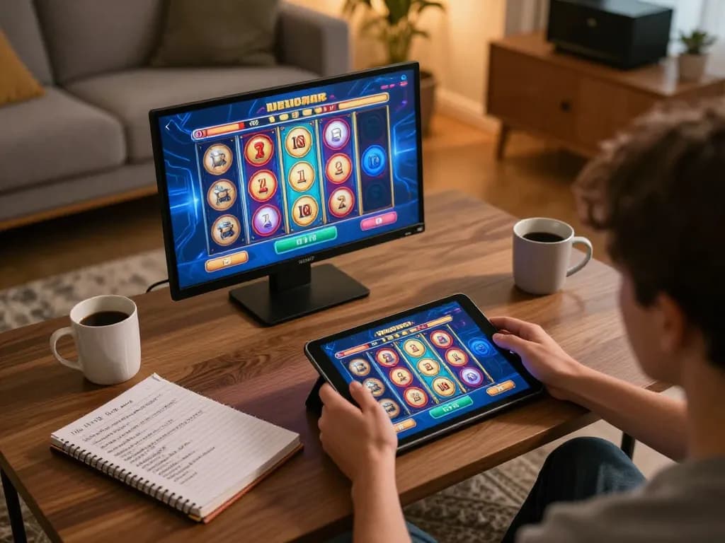 Engaging in demo slot gameplay on a tablet in a cozy home setting, showcasing strategic online gambling.