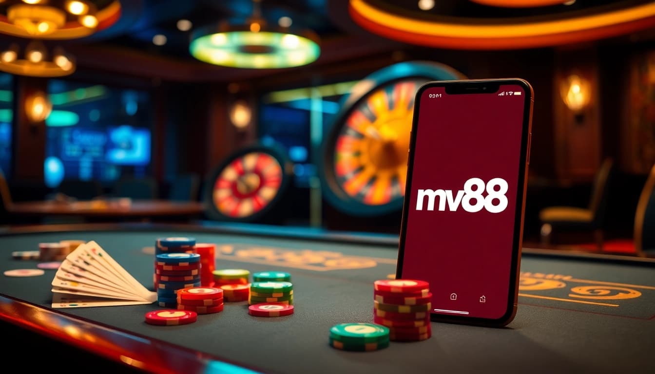 Engaging casino scene featuring mv88 logo on a smartphone beside poker chips and roulette.