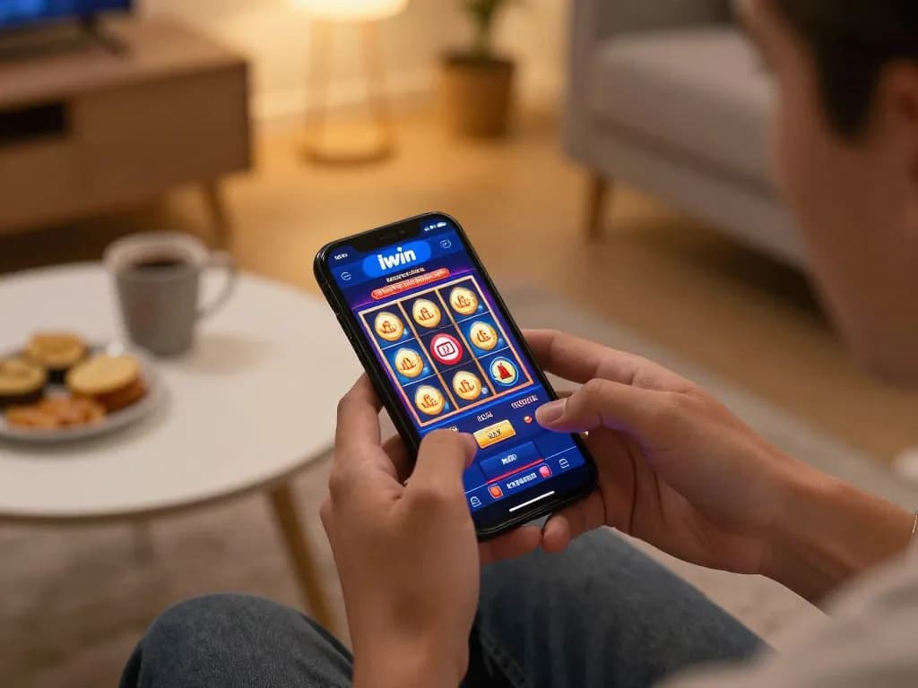 Iwin users engaged in mobile gaming, showcasing action on a casino app in a cozy home setting.