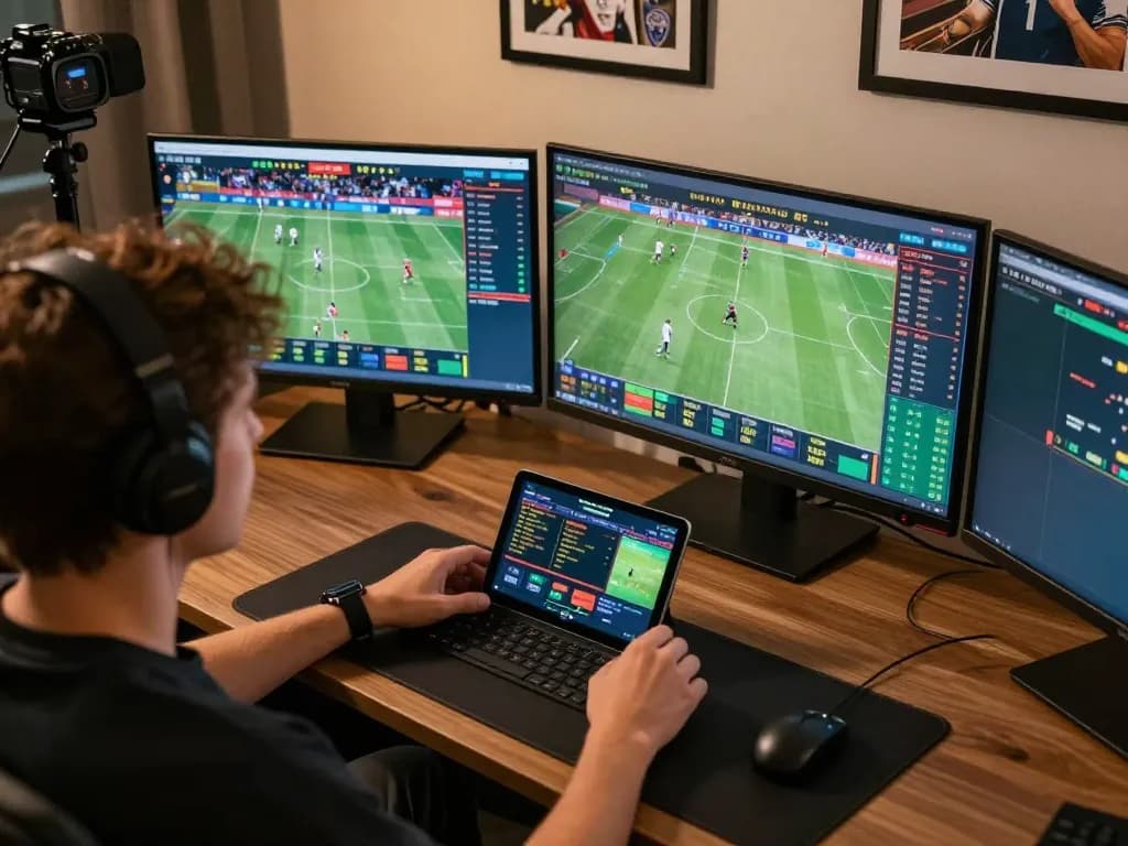 Betting on sports at king33 with multiple screens showing live events and odds.
