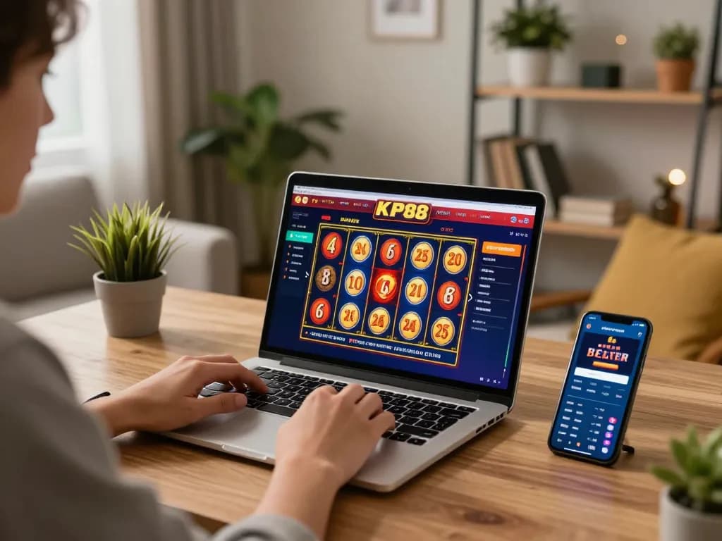 Engaging with KP88 online casino on laptop at home, showcasing an exciting gaming experience.