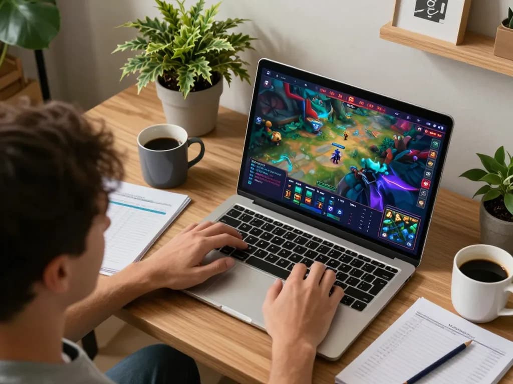 Engaging in Gajah Toto gameplay on a laptop with strategic bankroll management notes visible in a cozy home workspace