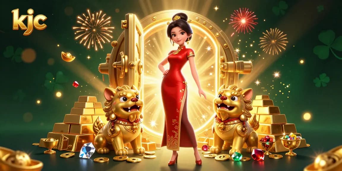 Win big with KJC's vibrant casino scene featuring treasures and celebratory fireworks.