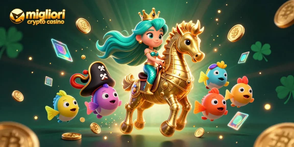 Immagine dei migliori crypto casino con monete Bitcoin e Ethereum in un'illustrazione fantastica.