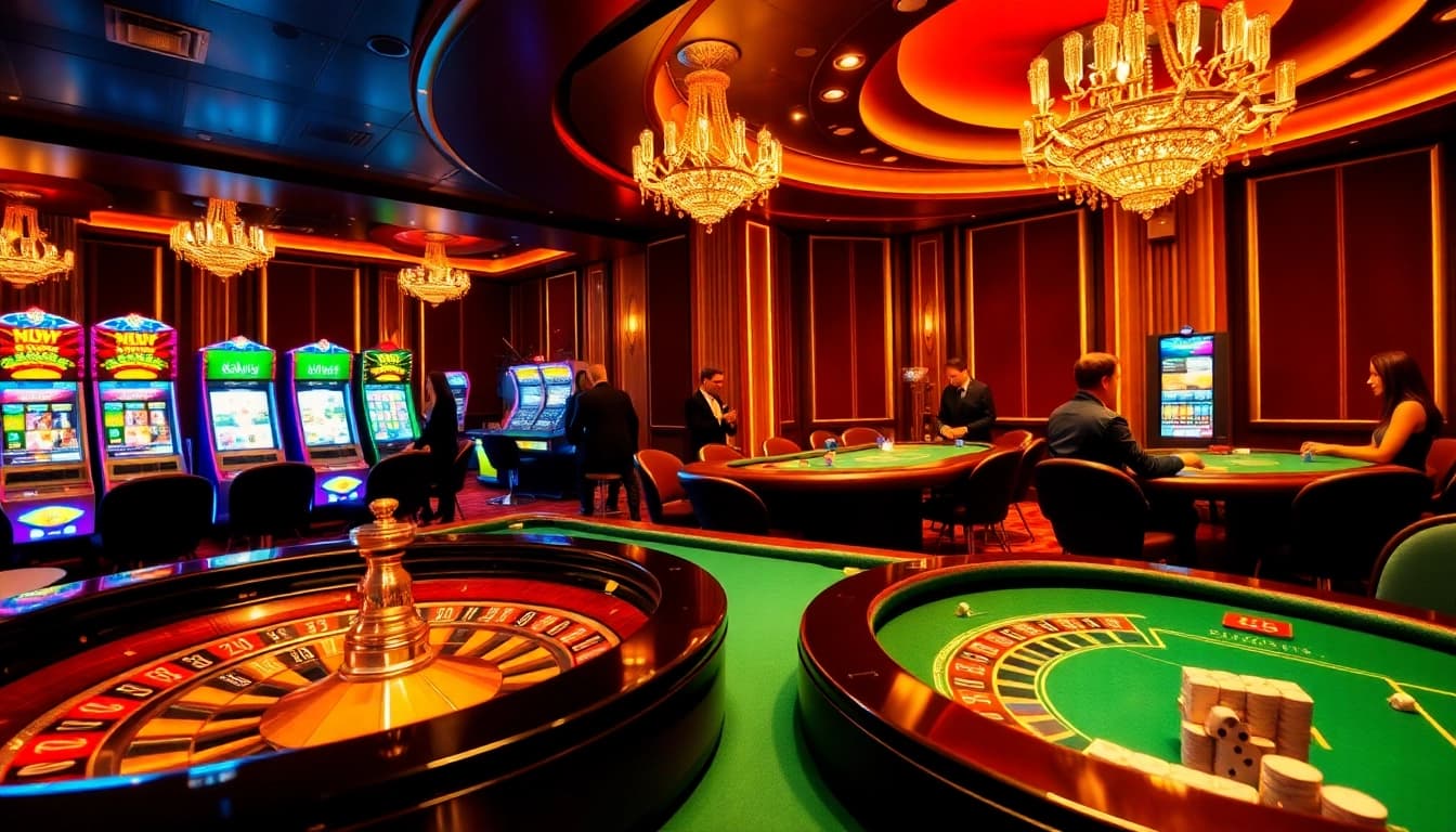 Scène captivante de casino en ligne avec des joueurs aux tables, couleurs vives et atmosphère palpitante.