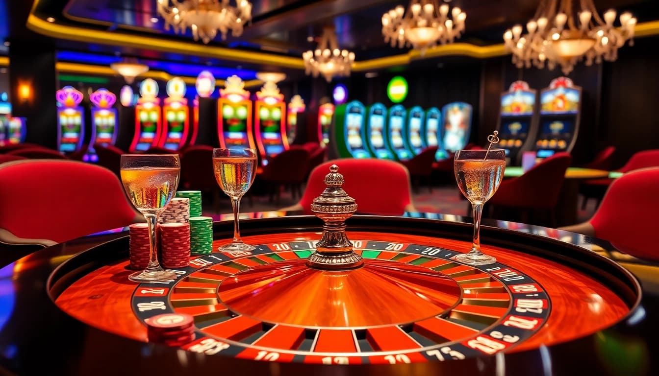 Indulge in luxury gambling with a captivating casino scene at https://nk88.luxury, featuring a roulette table surrounded by vibrant chips.