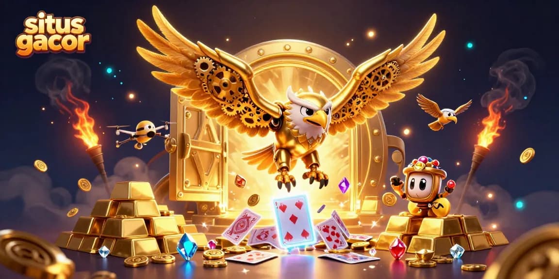 Play to win at situs gacor with a cybernetic eagle diving among shining treasures and holographic playing cards.