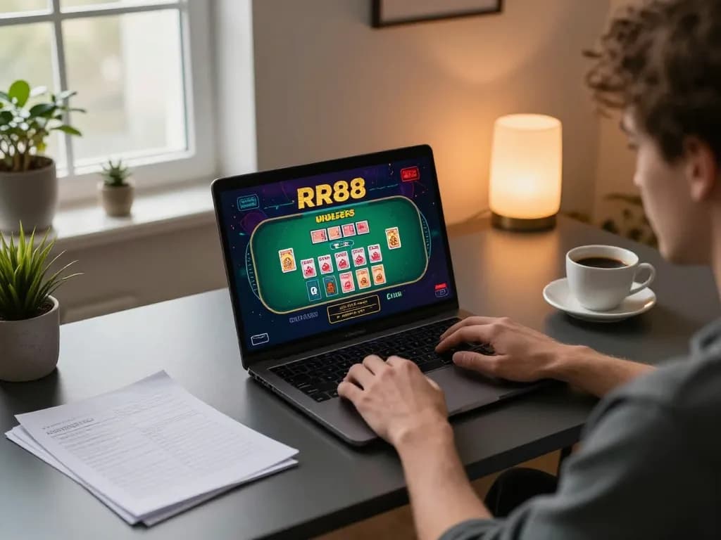 Person enjoying RR88 online casino gaming at a modern home desk, laptop displaying a live dealer game