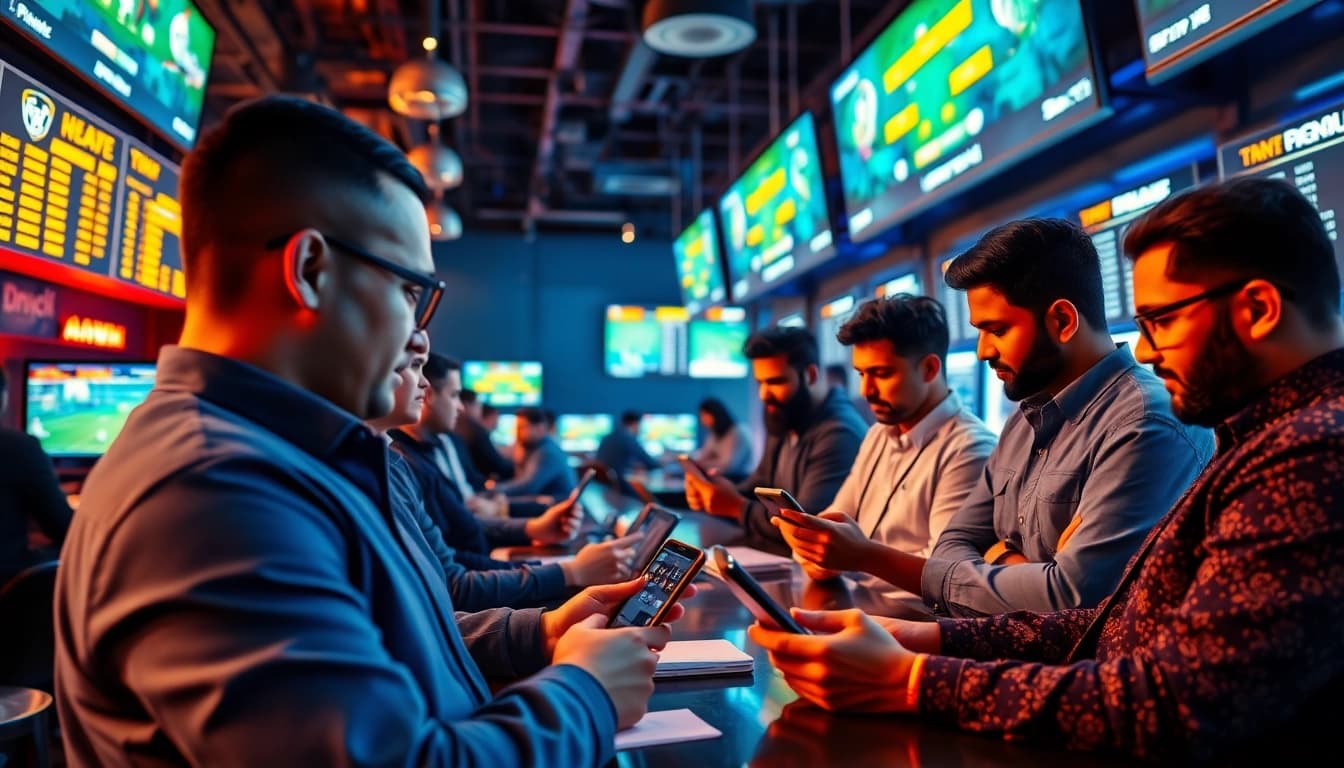 Engaged users exploring sports betting sites India with modern devices in a lively environment.