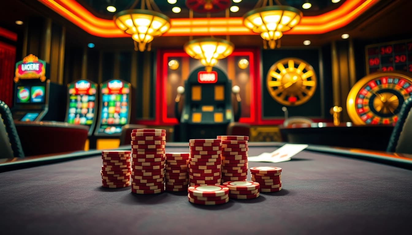 Experience the excitement of U888 at a luxurious poker table with vibrant chips and a bustling casino atmosphere.