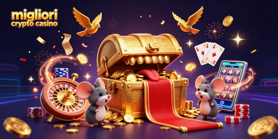 Giocatori che esplorano i migliori crypto casino, circondati da monete d'oro e premi scintillanti.
