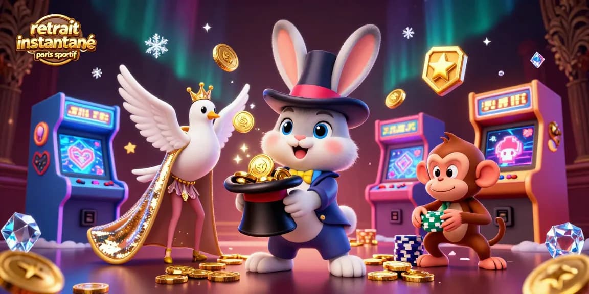 Retrait instantané paris sportif : illustration d'une scène dynamique de magie au casino avec des personnages animés et des éléments ludiques.