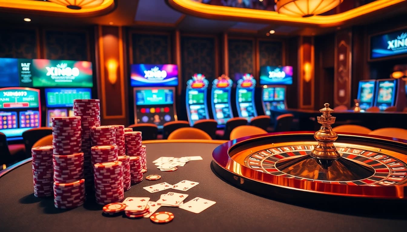 XIN88 Casino gaming table with poker chips, cards, and a roulette wheel for an exciting gaming experience.