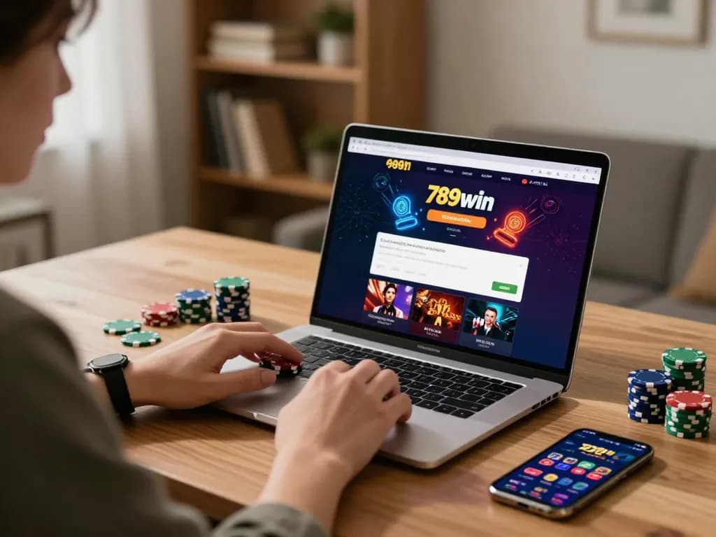 Engaging gaming moment showcasing the 789win link on a laptop for online casino play with vibrant visuals.