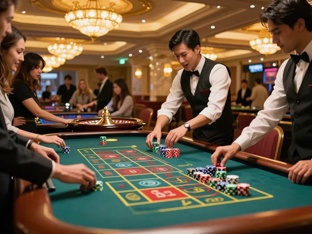 TG88 roulette action with players engaged in betting, croupier spinning wheel in a lively casino atmosphere