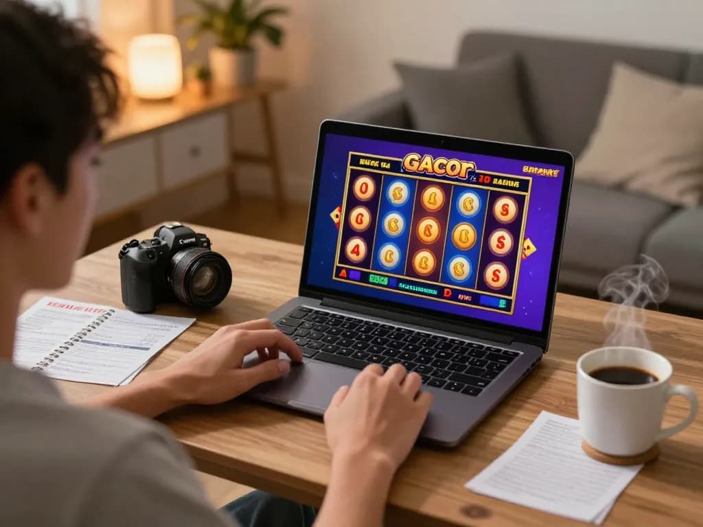 Engaging in online slot gacor gameplay with colorful reels and potential wins in a cozy home setting.