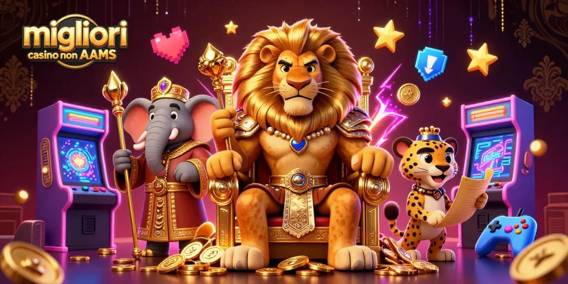 Migliori casino non AAMS con il re leone in evidenza circondato da macchine da gioco e monete dorate.