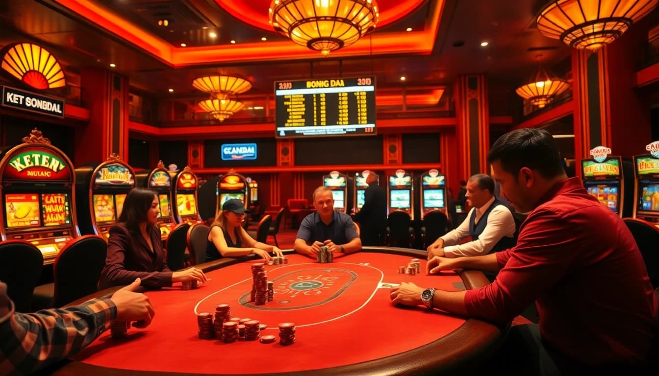 Exciting casino scene showcasing ket qua bong da scores on a vibrant poker table filled with colorful chips.