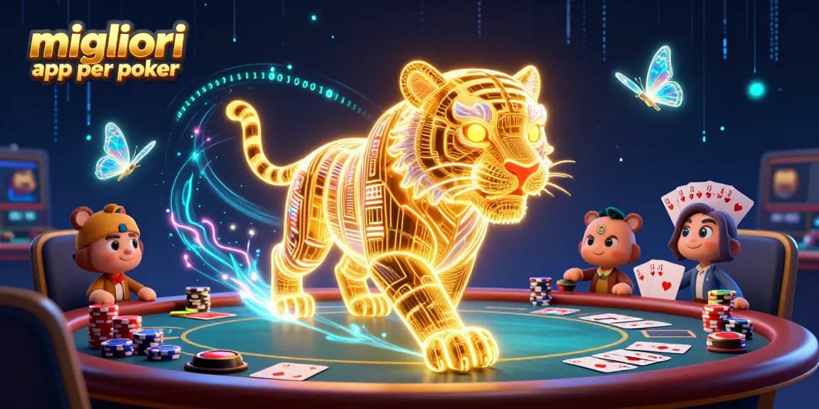 Migliori app per poker: esplora un'illustrazione affascinante con un tigre d'oro e tavoli da poker illuminati