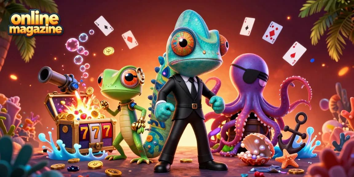 Engage with this vibrant online magazine illustration, showcasing colorful casino characters and slot elements.