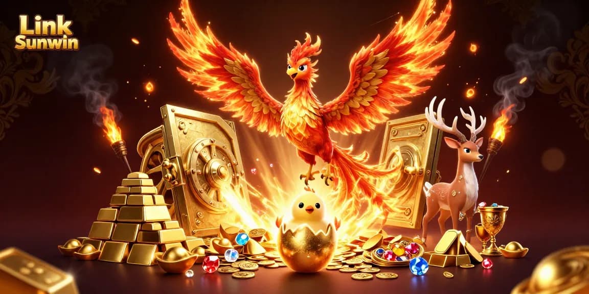 Play exciting games at Link Sunwin with a vibrant 3D phoenix scene full of treasures.
