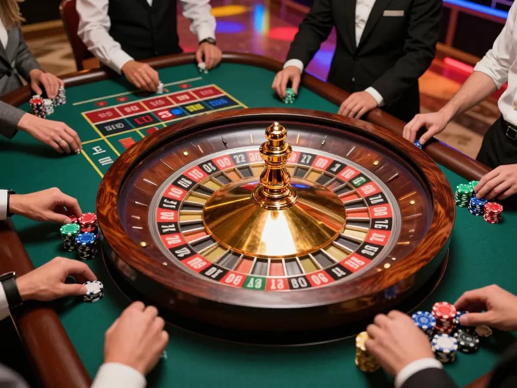 Player placing bets on roulette table while anticipation builds in the casino atmosphere, enhancing excitement