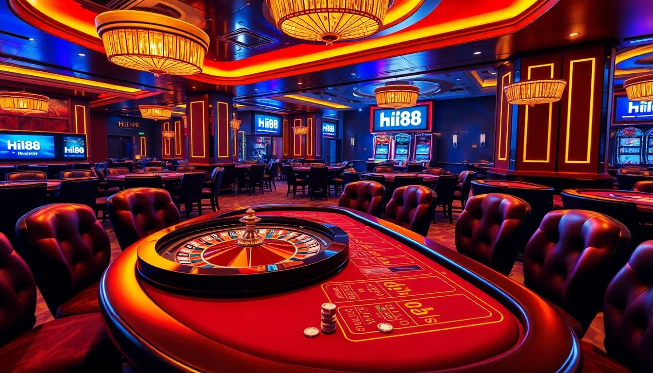 Hi88 casino environment showcasing vibrant poker chips and roulette wheels in a luxurious setting.