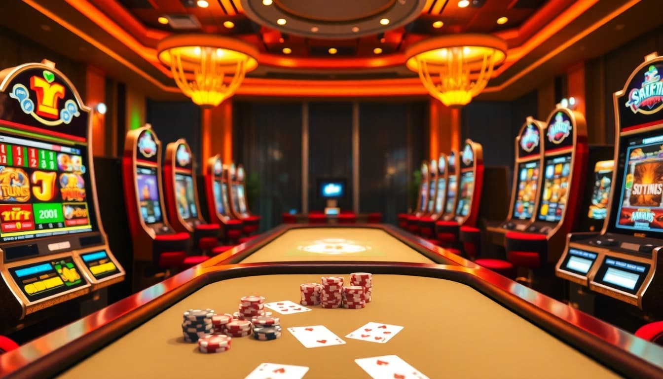 Engaging scene of players enjoying online jamu slot games in a luxurious casino atmosphere.