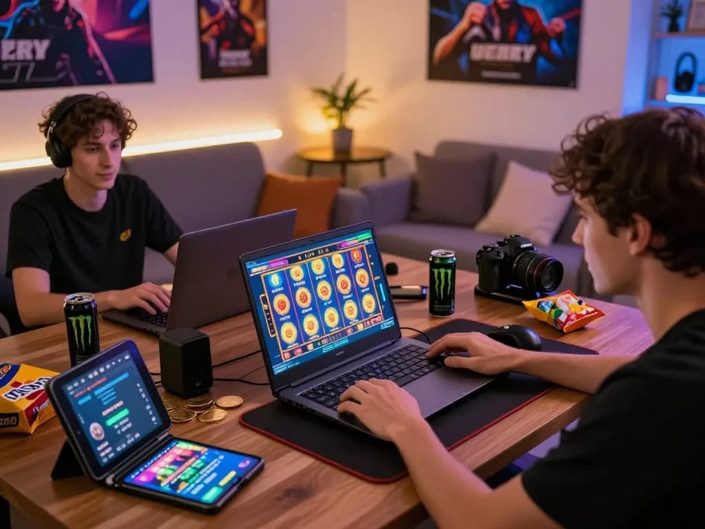 Exciting home gaming scene featuring a player immersed in vegasslot77 online slots.