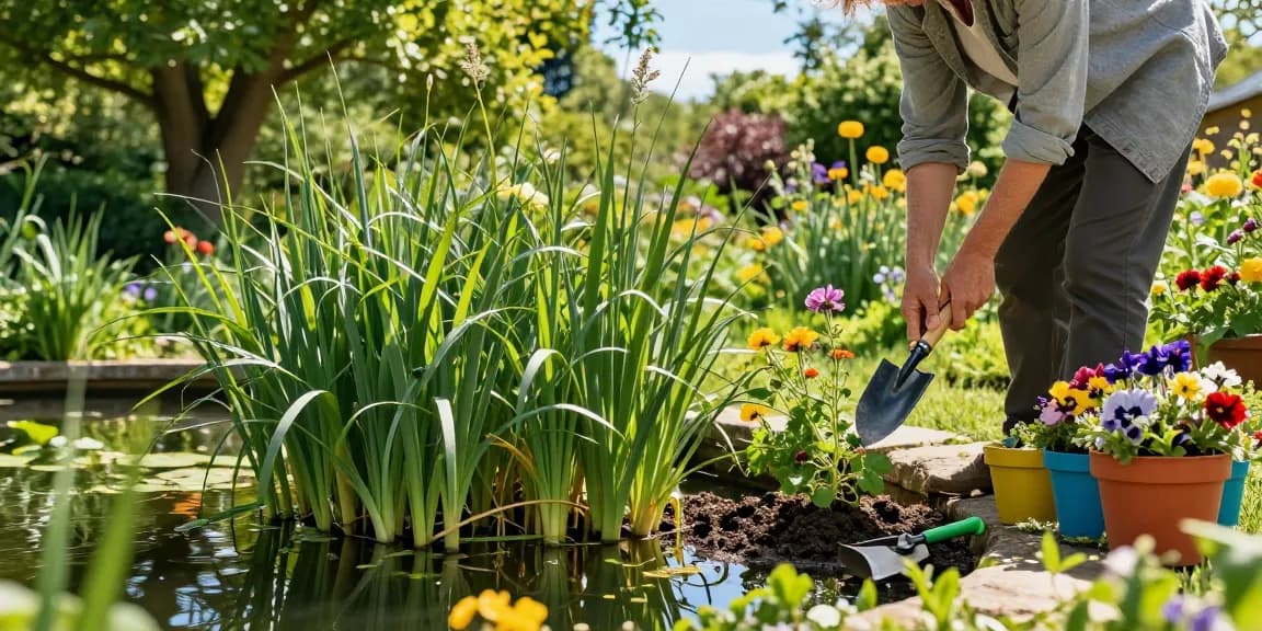 Lush marginal pond plants by a peaceful garden pond with a gardener tending to the vibrant greenery.